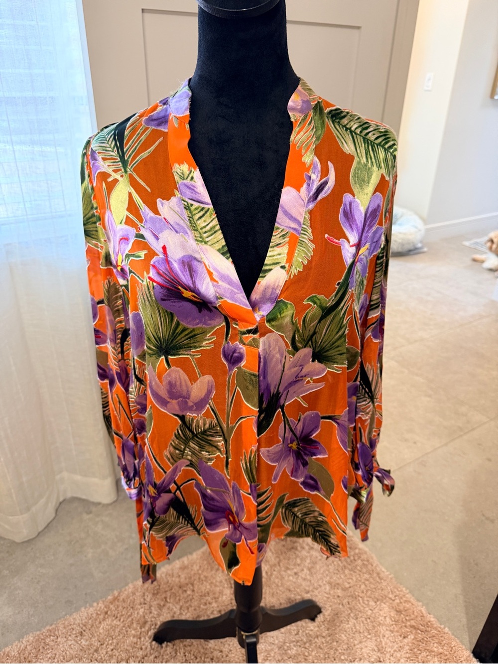 Alice + Olivia orange tropical floral tie sleeve blouse size small